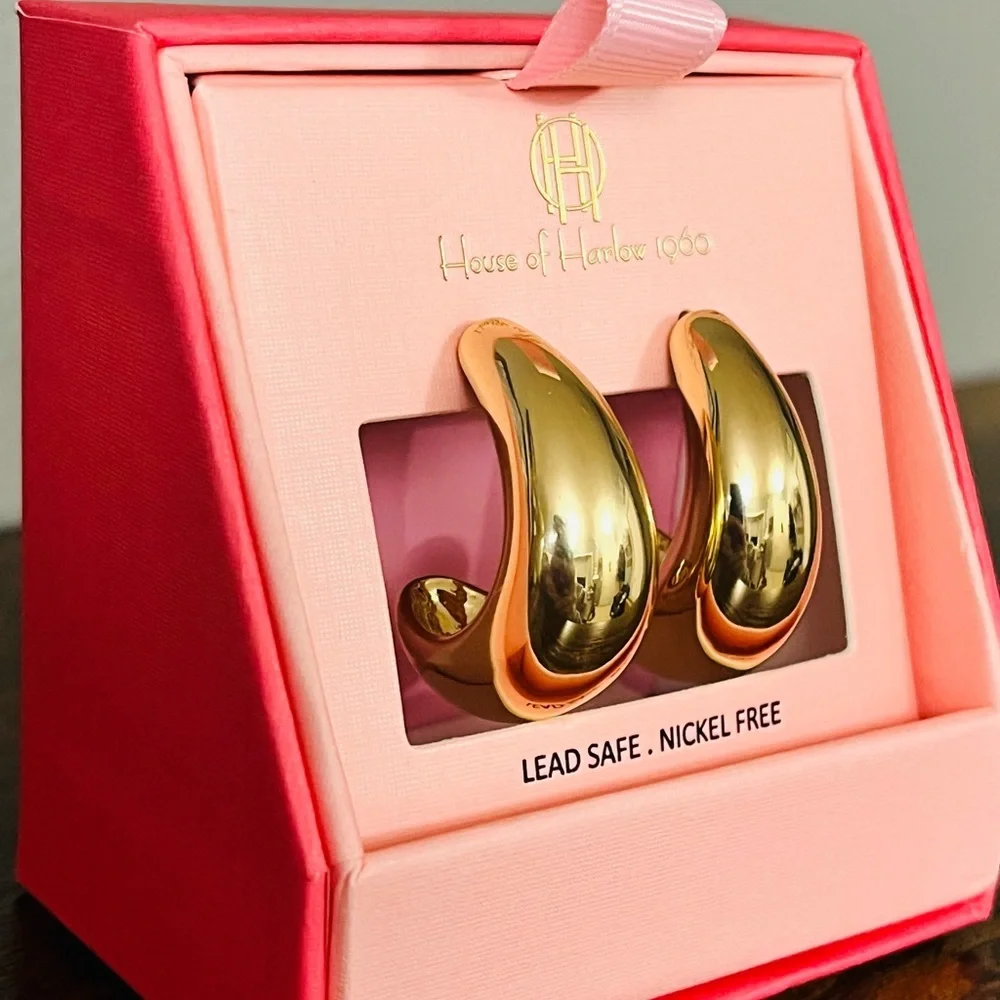 House of Harlow 1960 Gold Chunky Semi Hoop Earrings Large Statement NWT - Picture 2 of 3
